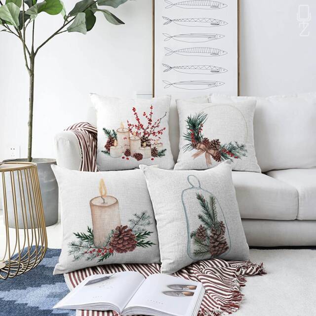Christmas Candles Cushion Cover With Pine Cones & Leaves - 4 Options Double Sided Printing On The Chenille Different Sizes, Oeko-Tex?? - image 1