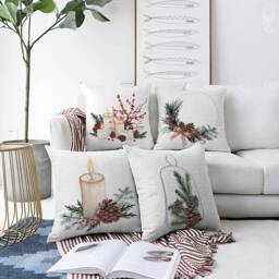 Christmas Candles Cushion Cover With Pine Cones & Leaves - 4 Options Double Sided Printing On The Chenille Different Sizes, Oeko-Tex??