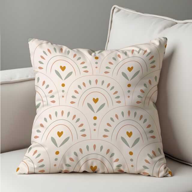 Boho Rainbow Cushion Cover, Neutral Pastel Arches With Heart & Leaf Motif Pillow Case, Soft Minimalist Throw Cozy Home Decor - image 1