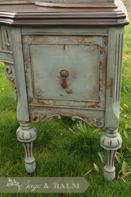 Sold - Blue Antique Shabby Chic Chalk Painted Distressed Vanity Desk, Lady's Desk Dressing Table, Mahogany - image 1