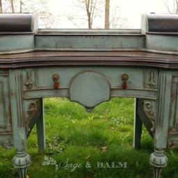 Sold - Blue Antique Shabby Chic Chalk Painted Distressed Vanity Desk, Lady's Desk Dressing Table, Mahogany - thumbnail 3