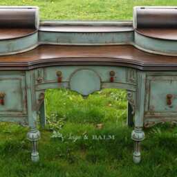 Sold - Blue Antique Shabby Chic Chalk Painted Distressed Vanity Desk, Lady's Desk Dressing Table, Mahogany - thumbnail 2