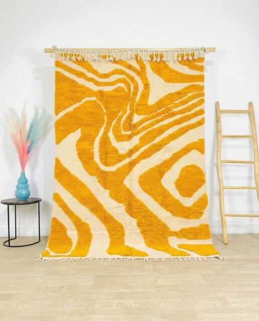 Hand Tufted Moroccan Yellow Berber Rug, Authentic Beni Ourain Carpet, Large 9x12 Area Handwoven Wool Shag Rug With Abstract Lines - image 1