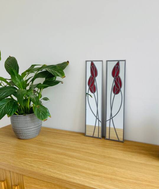 Opposite Pair Tulips in Red Rennie Mackintosh Style Stained Glass Effect Mirror Handmade Gift Catfish Glass Art Deco 10x40cm - image 1