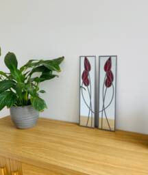 Opposite Pair Tulips in Red Rennie Mackintosh Style Stained Glass Effect Mirror Handmade Gift Catfish Glass Art Deco 10x40cm