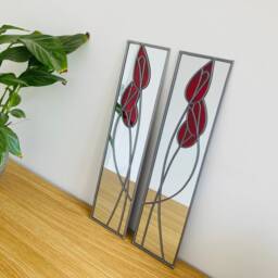Opposite Pair Tulips in Red Rennie Mackintosh Style Stained Glass Effect Mirror Handmade Gift Catfish Glass Art Deco 10x40cm - thumbnail 2
