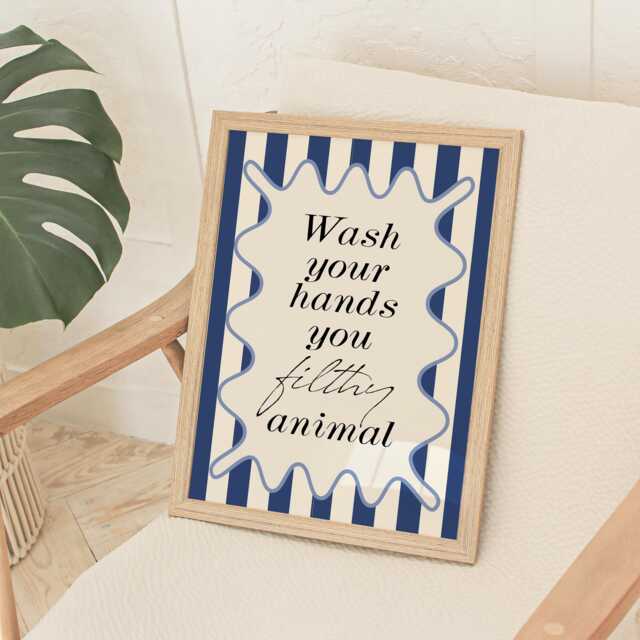Navy Bathroom Print - Wash Your Hands You Filthy Animal Funny Toilet Quote Wall & Cream Decor Ensuite Art - image 1