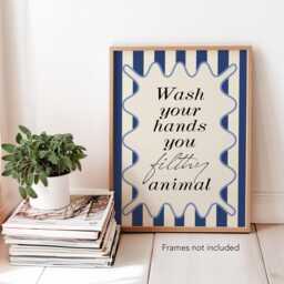 Navy Bathroom Print - Wash Your Hands You Filthy Animal Funny Toilet Quote Wall & Cream Decor Ensuite Art - thumbnail 2