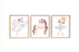 Nursery Prints - Unicorn, Swan & Ballerina Prints. Set Of 3 Pretty Pink Nursery Girls Room Decor Wall Art Gift - thumbnail 1