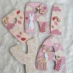 Wooden Name Sign, 15 cm, With A Fox, Fawn & Forest Animal Theme, For Decorating Child's Room - Made To Order - thumbnail 1