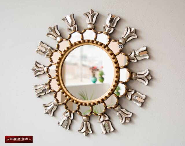 "Silver & Gold Round Wall Mirror 17.7"", Hand Carved Accent Mirrors Wall Decor ""Peruvian Sun" - image 1