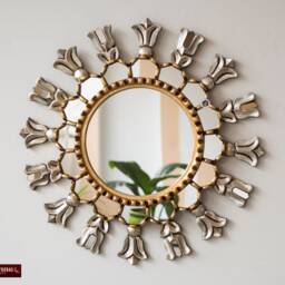 "Silver & Gold Round Wall Mirror 17.7"", Hand Carved Accent Mirrors Wall Decor ""Peruvian Sun" - thumbnail 2
