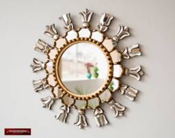 "Silver & Gold Round Wall Mirror 17.7"", Hand Carved Accent Mirrors Wall Decor ""Peruvian Sun" - thumbnail 1