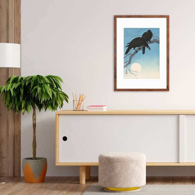 Japanese Art Two Crows Print Poster Woodblock Ukiyo-E Ohara Koson Shoson Raven Moon Bird Framed Mounted Wall Nature Landscape Elegant A3 A2 - image 1