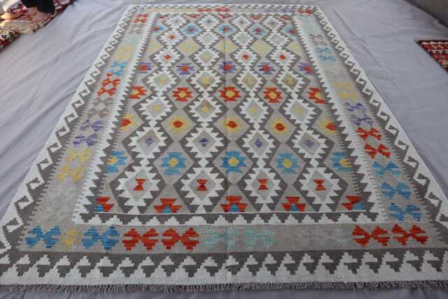 7x10 Natural Gray Kilim Rug - Afghan Hand Woven Dyes Wool Flat Weave Boho Oriental Area Geometric Living Room - image 1