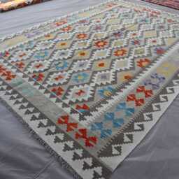 7x10 Natural Gray Kilim Rug - Afghan Hand Woven Dyes Wool Flat Weave Boho Oriental Area Geometric Living Room - thumbnail 2