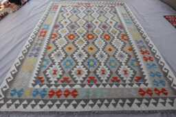 7x10 Natural Gray Kilim Rug - Afghan Hand Woven Dyes Wool Flat Weave Boho Oriental Area Geometric Living Room - thumbnail 1