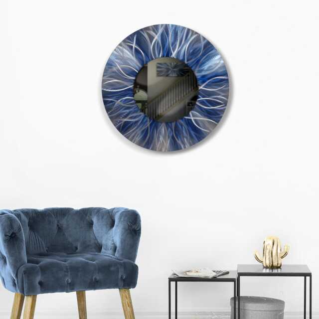 Navy Blue Metal Wall Mirror Modern Art Sculpture, Handmade in UK - image 1