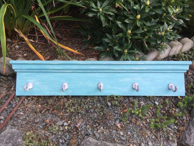 Wood Coat Rack With 5 Cast Iron Hooks, Hand Made, Chalk Painted - image 1