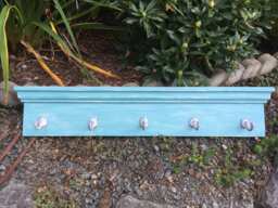 Wood Coat Rack With 5 Cast Iron Hooks, Hand Made, Chalk Painted - thumbnail 1