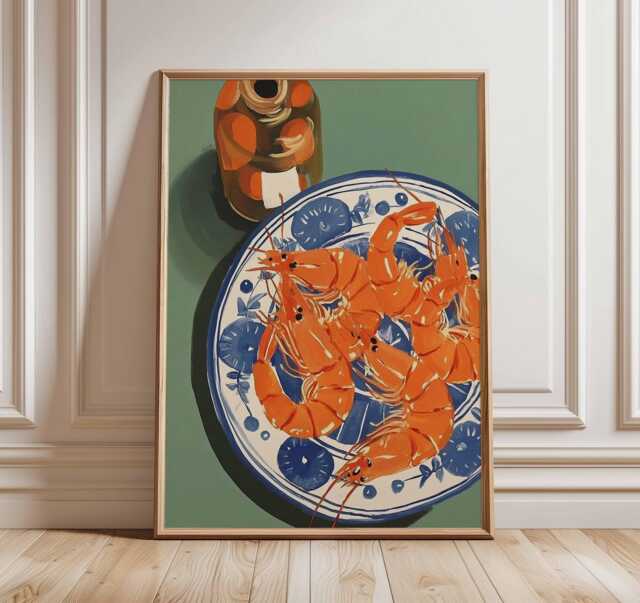 Shrimp Wall Art Print, Seafood Kitchen Poster, Coastal Dining Room Artwork, Nautical Food Mediterranean Style Decor - image 1