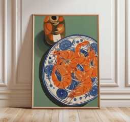 Shrimp Wall Art Print, Seafood Kitchen Poster, Coastal Dining Room Artwork, Nautical Food Mediterranean Style Decor - thumbnail 1