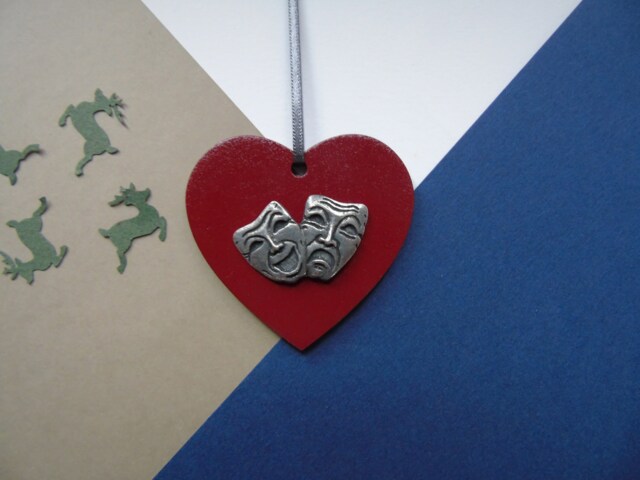 Comedy Tragedy Ornament Handmade Pewter Drama Mask Heart - image 1