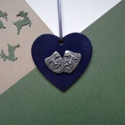 Comedy Tragedy Ornament Handmade Pewter Drama Mask Heart - thumbnail 3