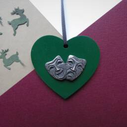 Comedy Tragedy Ornament Handmade Pewter Drama Mask Heart - thumbnail 2
