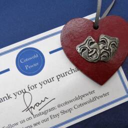 Comedy Tragedy Ornament Handmade Pewter Drama Mask Heart - thumbnail 4