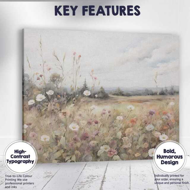 Pastel Wildflower Meadow Watercolour Landscape Canvas Wall Art Print Decor Picture Ready To Hang - image 1