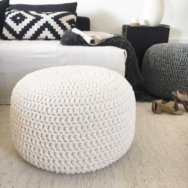 Chunky Knit Cotton Pouf Ottoman Round Coffee Table, Boho Farmhouse Decor - image 1
