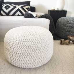 Chunky Knit Cotton Pouf Ottoman Round Coffee Table, Boho Farmhouse Decor - thumbnail 1