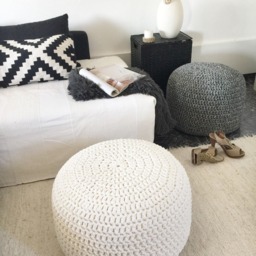 Chunky Knit Cotton Pouf Ottoman Round Coffee Table, Boho Farmhouse Decor - thumbnail 4