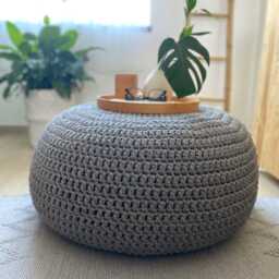 Chunky Knit Cotton Pouf Ottoman Round Coffee Table, Boho Farmhouse Decor - thumbnail 2