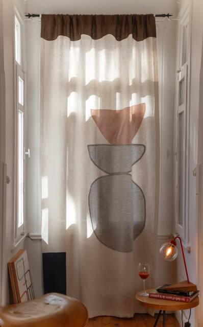 Abstract Pink & Green Linen Curtain/Moroccan Style Beige Sheer, Boho Neutral Ecru Fabric Interior Designer Art Window Panel - image 1