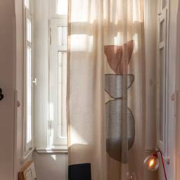 Abstract Pink & Green Linen Curtain/Moroccan Style Beige Sheer, Boho Neutral Ecru Fabric Interior Designer Art Window Panel - thumbnail 3