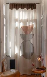 Abstract Pink & Green Linen Curtain/Moroccan Style Beige Sheer, Boho Neutral Ecru Fabric Interior Designer Art Window Panel - thumbnail 1
