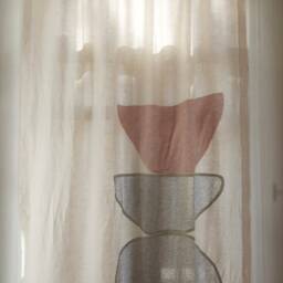 Abstract Pink & Green Linen Curtain/Moroccan Style Beige Sheer, Boho Neutral Ecru Fabric Interior Designer Art Window Panel - thumbnail 2