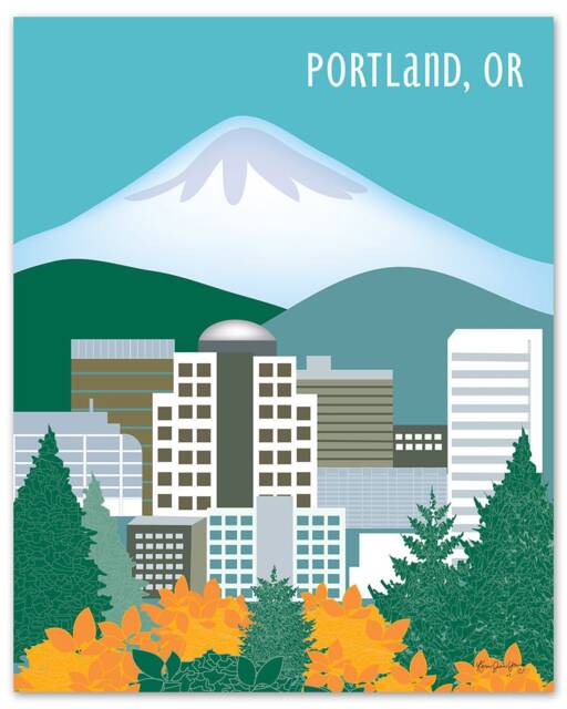 Portland Or Skyline Print, Map, Or Gift, Mt. Hood Skyline, Oregon Travel Art, Vertical Wall Art, Style E8-O-P1 - image 1