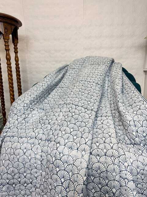 Kantha Quilted Stitch Pure Cotton Reversible Bed Throw King Size Quilt - Handmade Handprint Country Elegant Navy Blue White Fan Monochrome - image 1