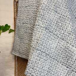 Kantha Quilted Stitch Pure Cotton Reversible Bed Throw King Size Quilt - Handmade Handprint Country Elegant Navy Blue White Fan Monochrome - thumbnail 2