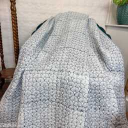 Kantha Quilted Stitch Pure Cotton Reversible Bed Throw King Size Quilt - Handmade Handprint Country Elegant Navy Blue White Fan Monochrome - thumbnail 3