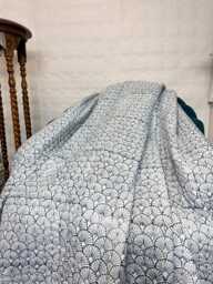 Kantha Quilted Stitch Pure Cotton Reversible Bed Throw King Size Quilt - Handmade Handprint Country Elegant Navy Blue White Fan Monochrome - thumbnail 1
