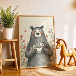 Bear Nursery Poster, Woodland Animal Wall Art, Baby Room & Bird Print, Forest Kids Decor, Whimsical Illustration - thumbnail 2