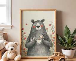 Bear Nursery Poster, Woodland Animal Wall Art, Baby Room & Bird Print, Forest Kids Decor, Whimsical Illustration - thumbnail 1