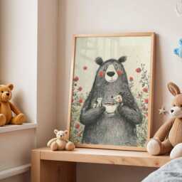 Bear Nursery Poster, Woodland Animal Wall Art, Baby Room & Bird Print, Forest Kids Decor, Whimsical Illustration - thumbnail 3