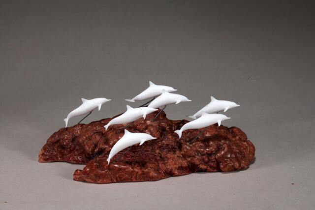 Dolphin Sculpture By John Perry School 8In Long Mini On Burlwood Base - image 1