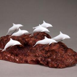 Dolphin Sculpture By John Perry School 8In Long Mini On Burlwood Base - thumbnail 3