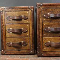 Handmade Oak Aged Bridle Leather Storage Cabinet Nightstand - Set Of 2 - thumbnail 1